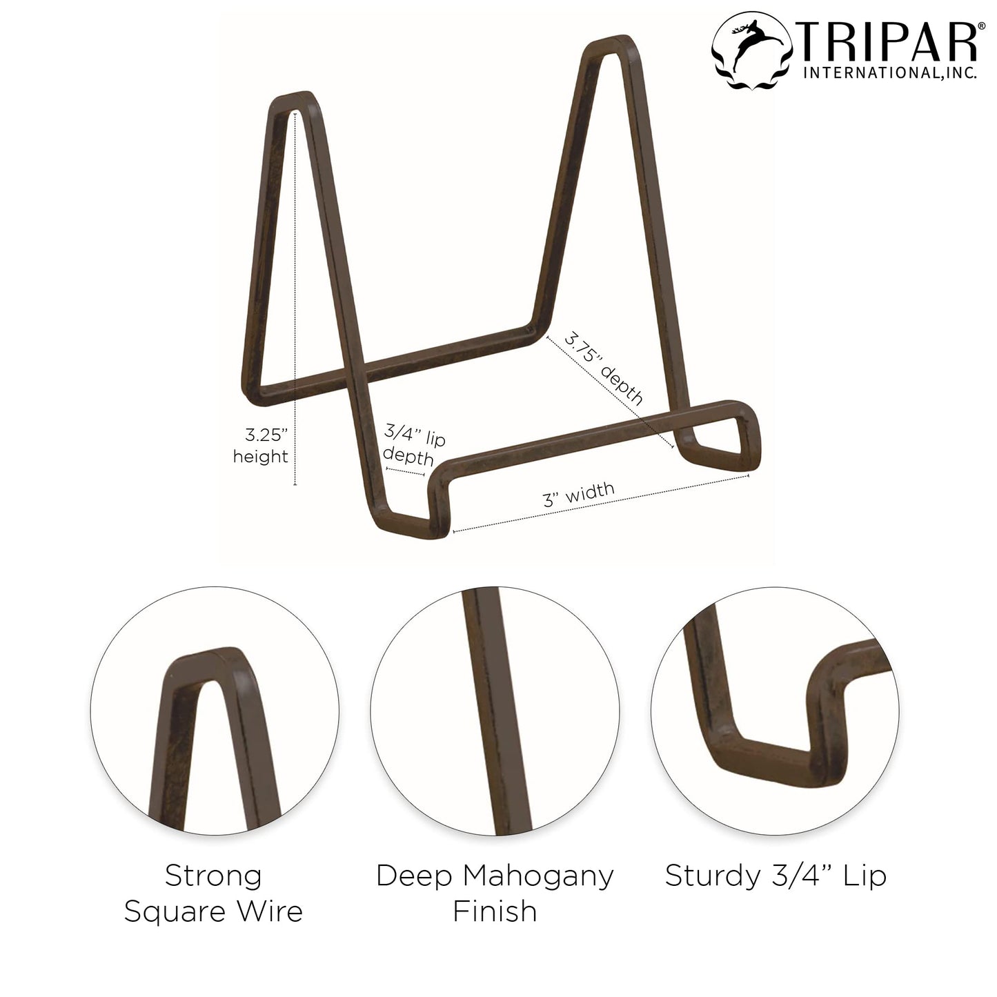 Tripar Square Metal Wire Stand, Mahogany Finish (3-Inch Depth) Tabletop Easel Sleek & Modern Look - Perfect for Books, Plates, Photos & More