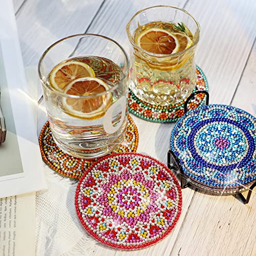 Temlum 6 Pcs Diamond Painting Coasters with Holder, Mandala Diamond Art Coasters Kits for Beginners, Adults Small Diamond Painting Kit Art Craft Supplies
