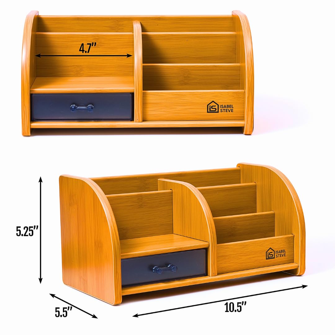 Desktop Organizer with Double-Slot Cell Phone Holder, Wooden Multifunctional Desk Storage Box with Drawer for Work from Home Office Supplies, Students, Desk Accessories, Phone Stand, Charging Station