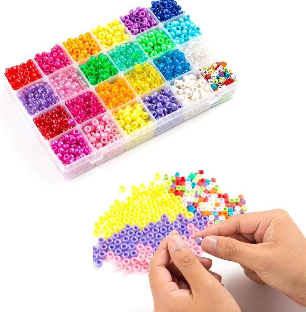 INSCRAFT Pony Beads Set, 3300 Pcs 9mm in 23 Colors with Letter & Star Designs, Elastic String for Bracelet Jewelry Making