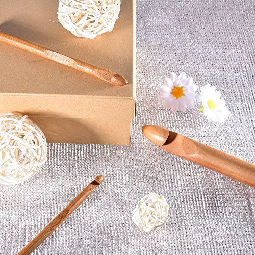 Hestya 15 Pieces Wooden Bamboo Crochet Hooks Set Handcrafted Knitting Needles Weave Yarn Craft, 3 to 25 mm in Diameters