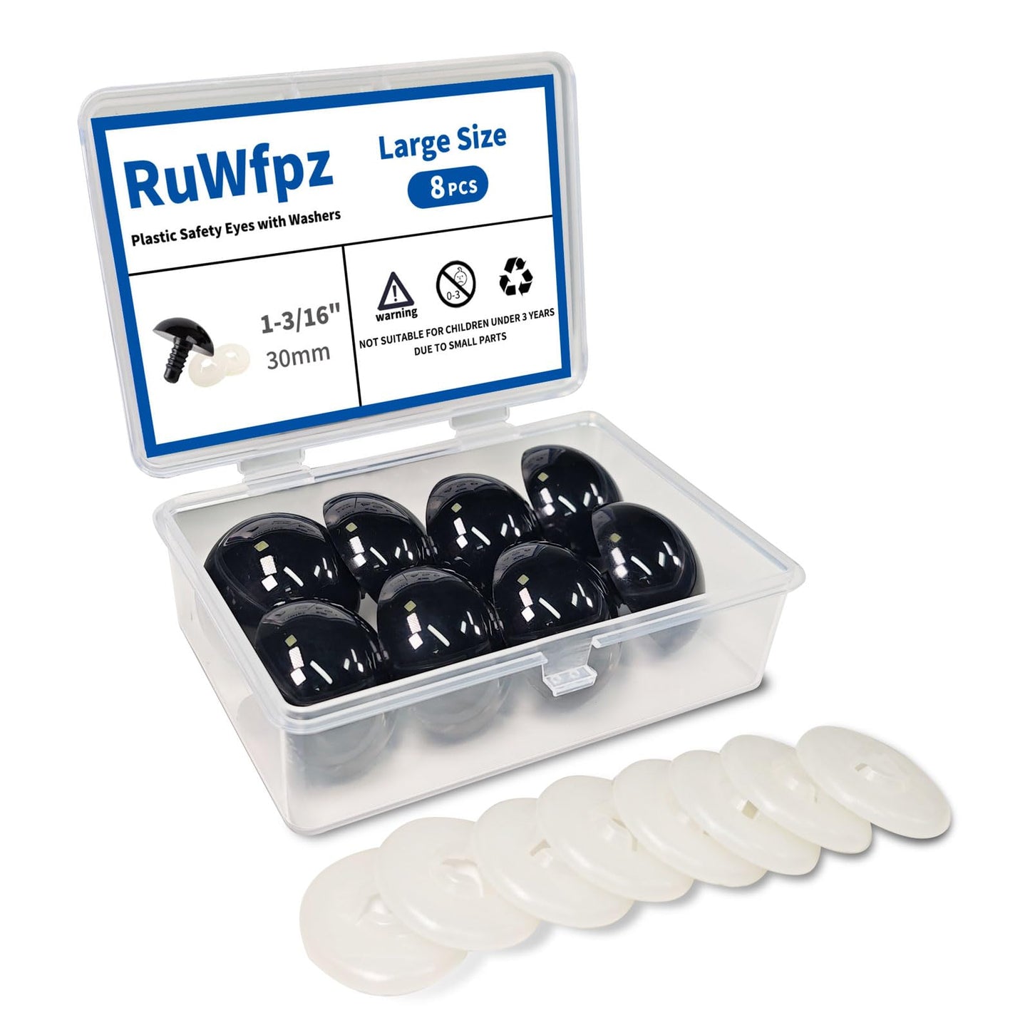 RuWfpz Large Safety Eyes for Crocheting Amigurumi 30mm 1-3/16" - 8Pcs Jumbo Stuffed Animal Eyes with Washers, Black Plastic Amigurumi Crochet Eyes for Doll Bear Crafts Button Plushies