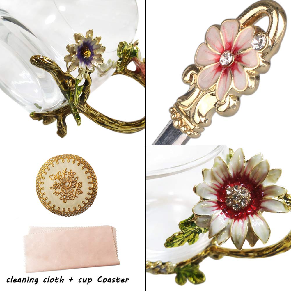 Enamel Sunflower Crystal Lead-Free Glass Tea Cup with Spoon Set, Present for The Christmas, Valentine's Day.Best Present for Mother, Grandma, Girlfriend, Sister.