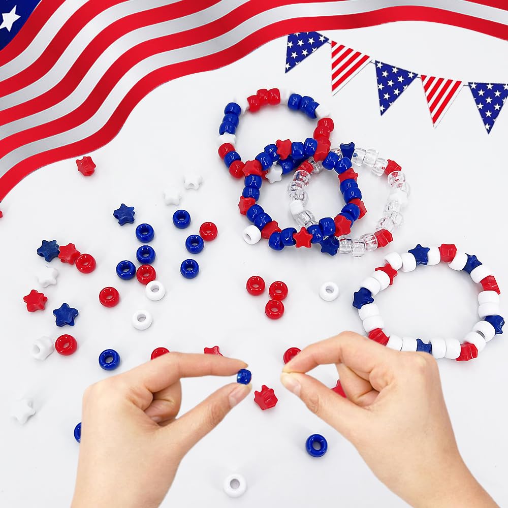 MIIIM 1000PCS 6x9mm Patriotic Pony Beads Bulk, 7 Styles Red White and Blue Kandi Beads for Bracelets Making Kit, Hair Braids Crafts for Jewelry Making (4th of July)