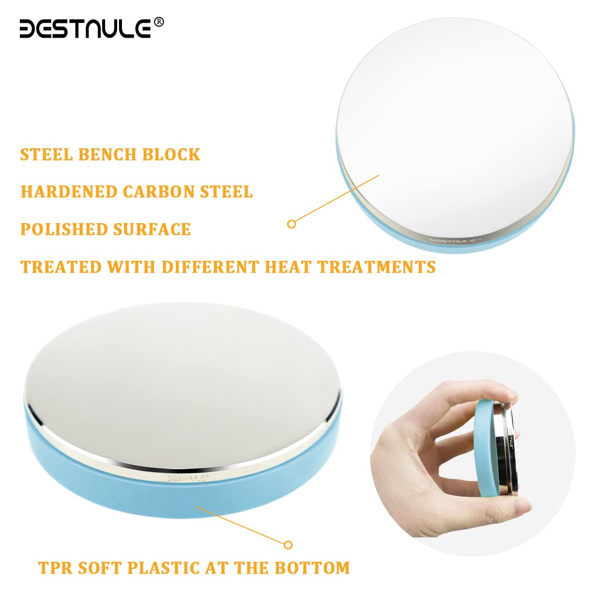 BESTNULE Professional Steel Bench Block, Covered with TPR soft plastic at The bottom, Metal Stamping Table Mirror, Polishing with Chrome Plating for Jewelry Stamping Tools, (Dia: 3”, H: 19/32”)