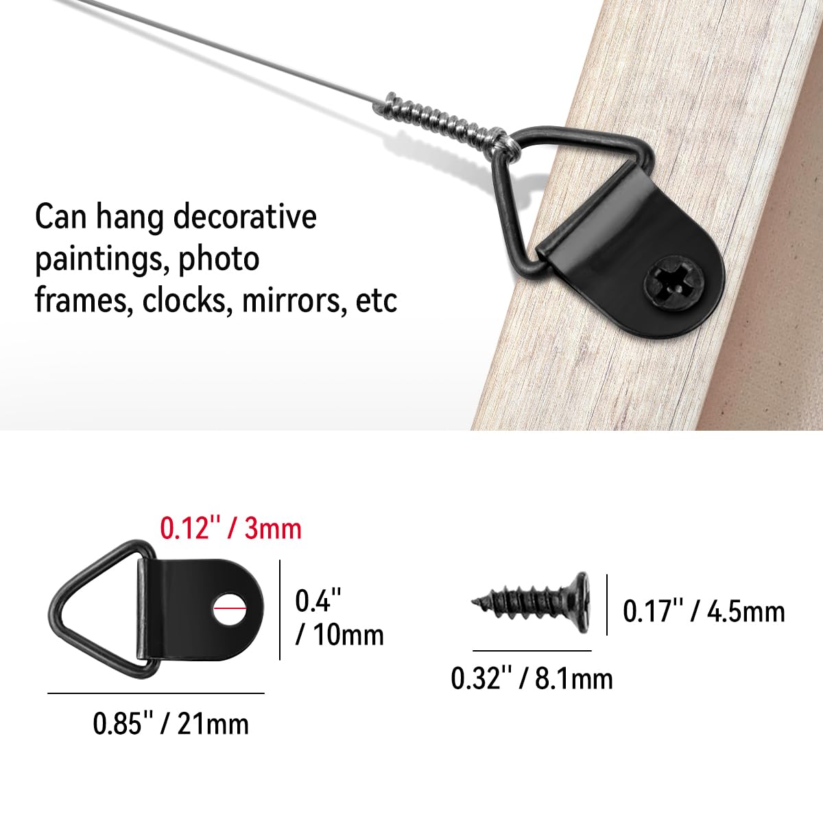 100 Pack Steel Picture Hangers with 100pcs 8mm Screws, Small Triangle Ring, Light Duty D Rings for Clock, Decoration, Mirror, Paintings, Artwork Picture Frame (Black)