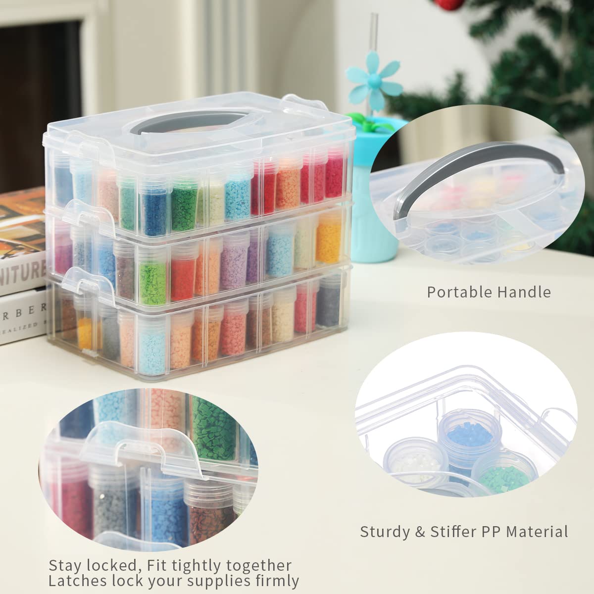 3-Tier Diamond Painting Storage Containers Portable Bead Organizer and Storage Box Stackable Arts & Crafts Organizers for Nail Charms Seed, 132 Round, Funnel, Stickers