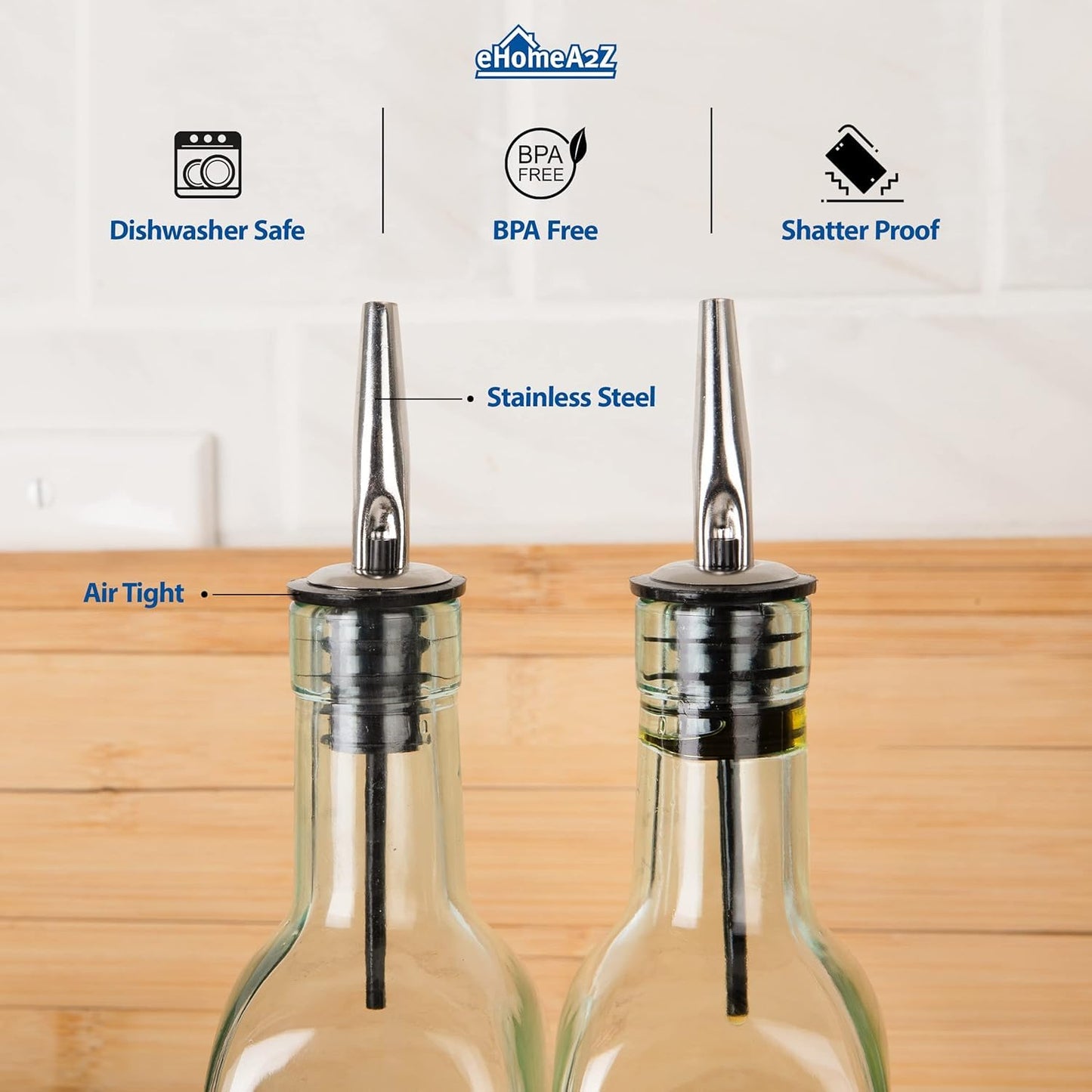 EHOMEA2Z Italian Glass Olive Oil Dispenser Bottle - 16 Oz, Oil and Vinegar Cruet with Stainless Steel Spout for Kitchen, Slight Green Tint (1, 473ml)