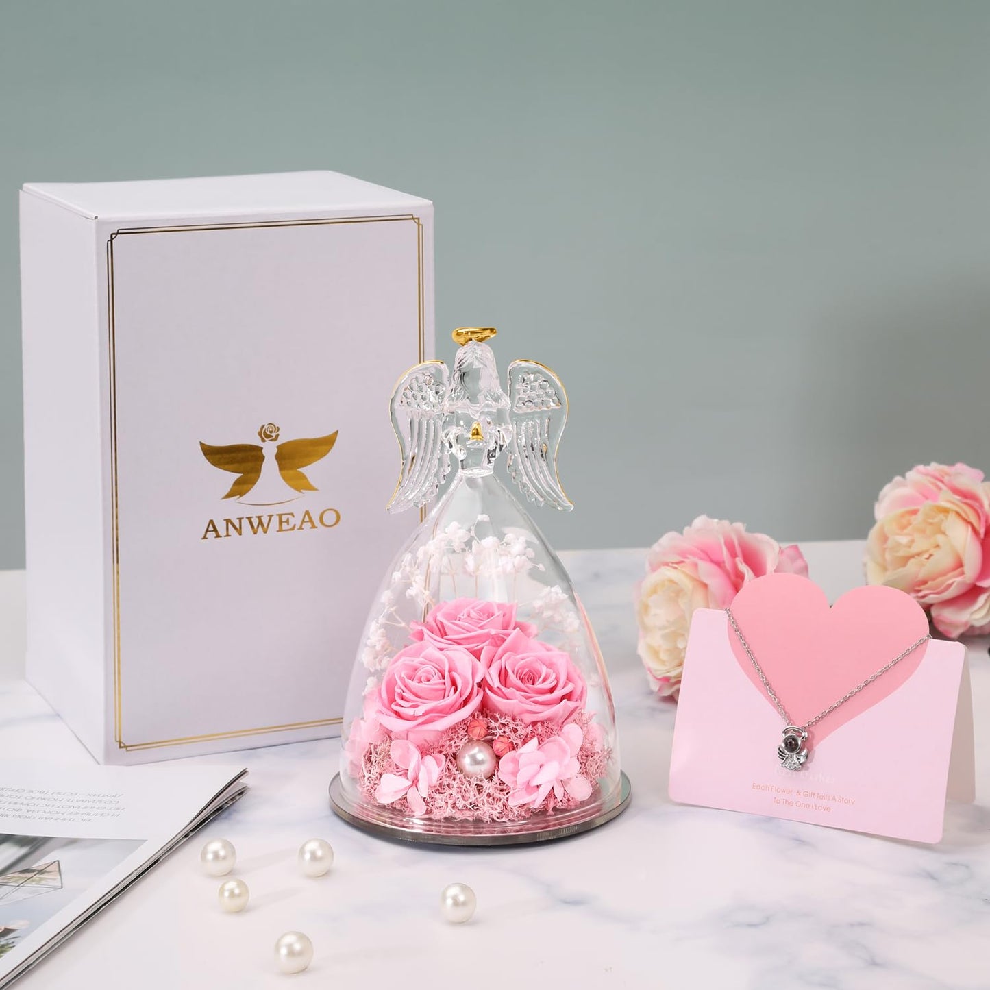Mothers Day Birthday Gifts for Her Preserved Real Rose in Angel Glass Crystal Angel Figurines