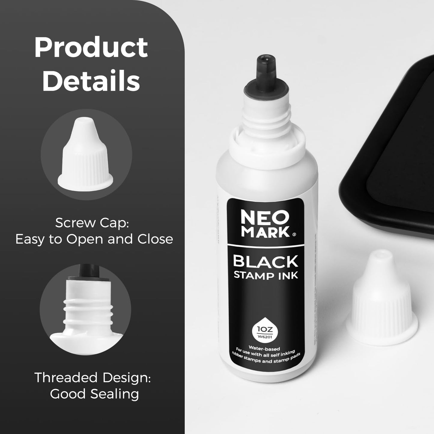 NEO MARK Premium Stamp Ink, Quick-Drying and AP-Certified Non-Toxic Refill Ink for Self-Inking Stamps, Date Stamps and Stamp Pads(Black, 1oz)