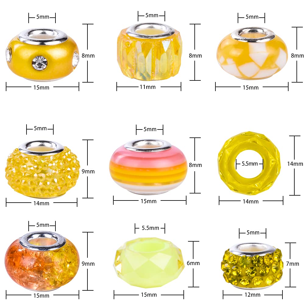 Aipridy Assortment European Large Hole Beads Spacer Beads Rhinestone Craft Beads for DIY Charms Bracelet Jewelry Making (Green-Orange-Lemon)