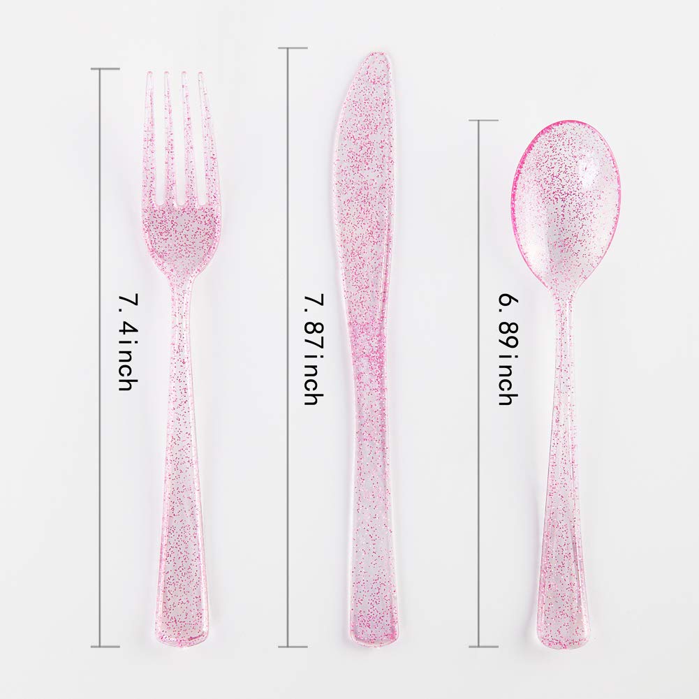 WDF Rose Gold Pink Plastic Plates with Pink Plastic Silverware include 40 Dinner & Salad Plates, 40Forks, 40 Knives, 40 Spoons for Wedding/Party/Valentine's Day
