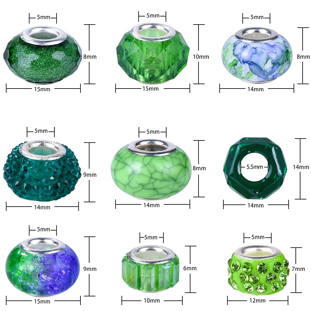 Aipridy Assortment European Large Hole Beads Spacer Beads Rhinestone Craft Beads for DIY Charms Bracelet Jewelry Making (Emerald-Siam)