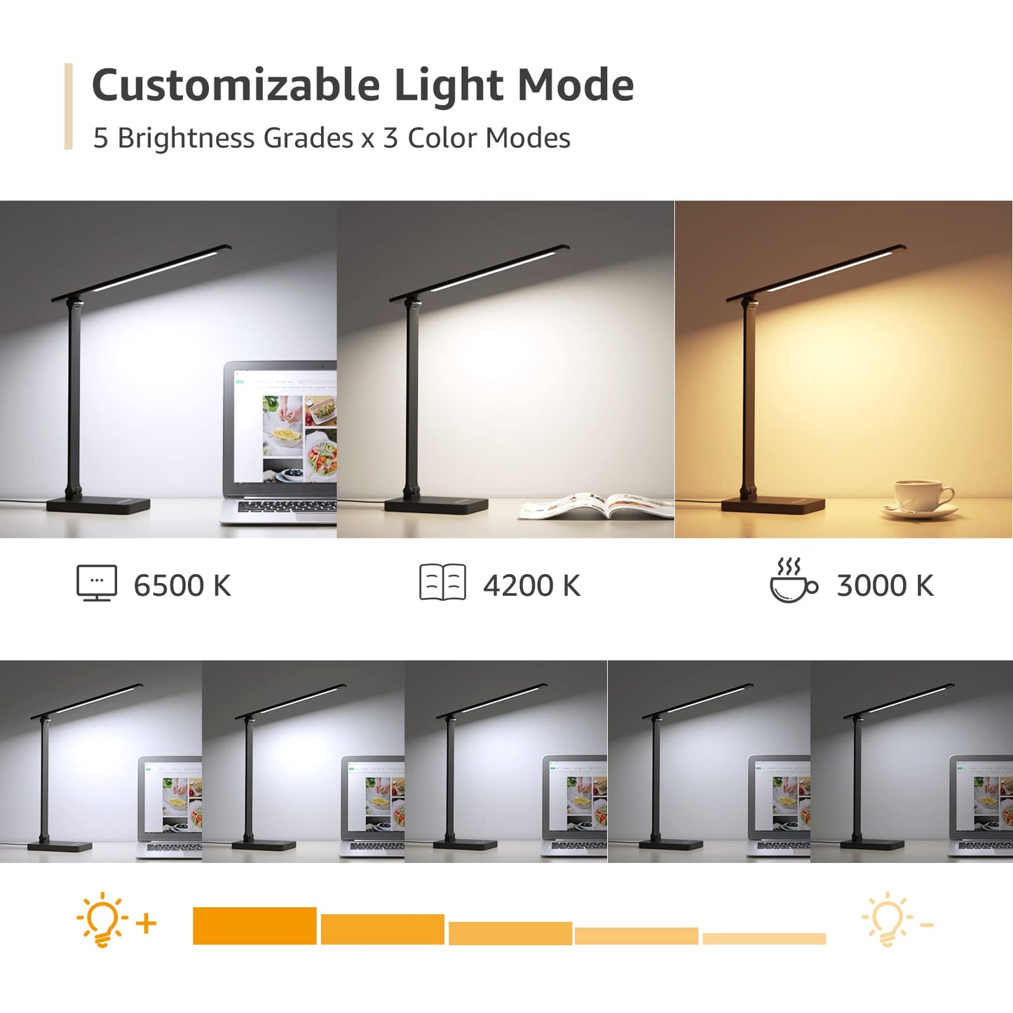 Lepro LED Desk Lamp with USB Charging Port,650LM Dimmable Home Office Touch Control Reading Table Lamp,5 Color Modes with 5 Brightness,College Dorm Room Essentials, Eye Caring, Sewing, Crafting, Black