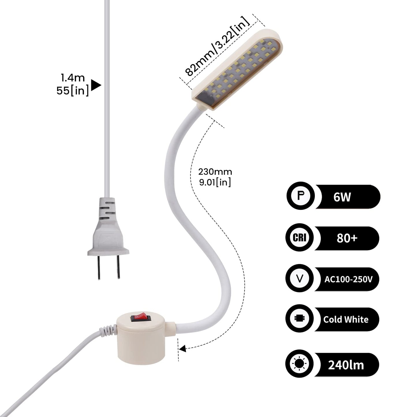 Bonlux Sewing Machine Light, 30 LEDs Flexible Gooseneck Work Light with Magnetic Mounting Base, 6W Portable Work Lamp for Workbench Lathe Drill Presses (2-Pack)