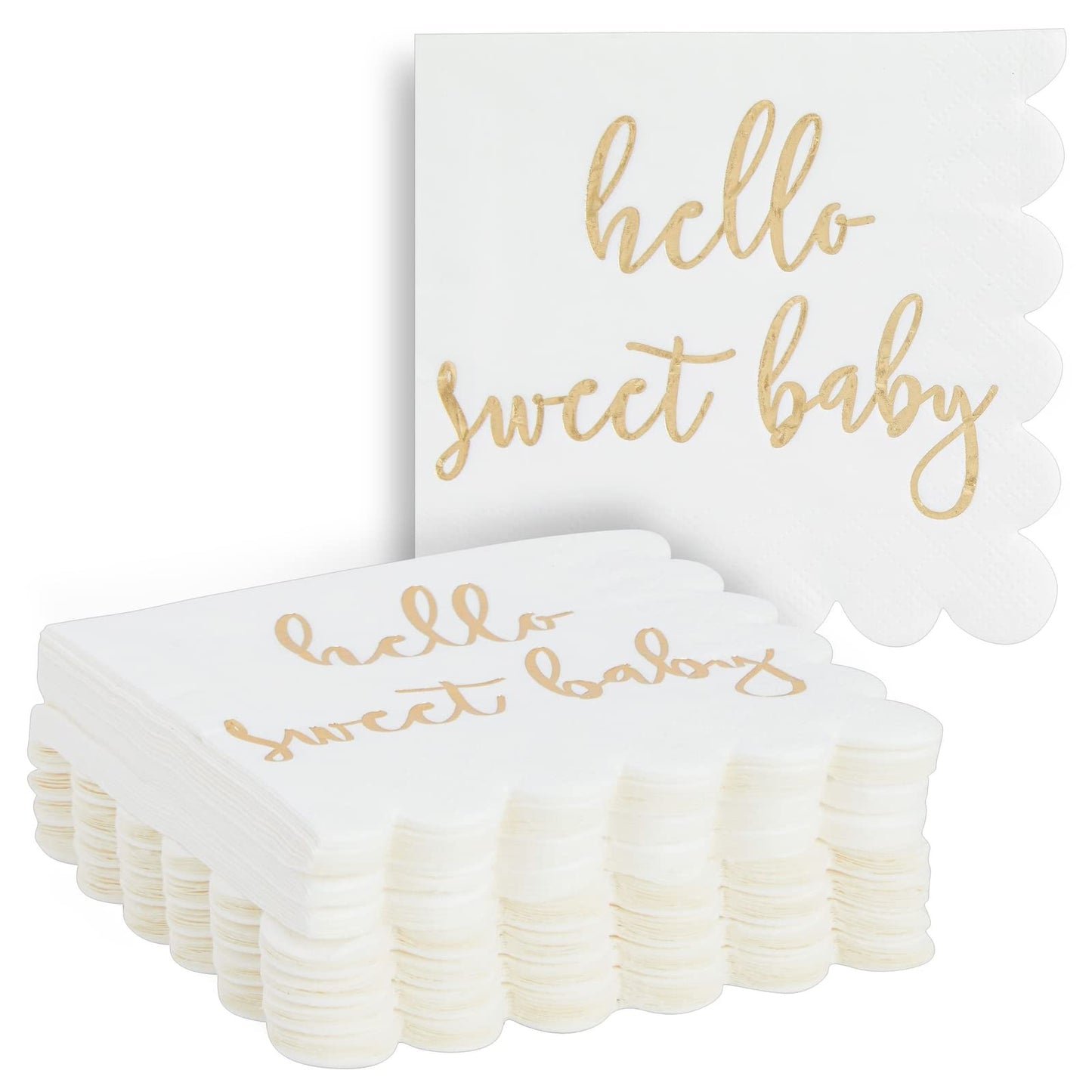 50 Pack 5x5 Inch White Scalloped Napkins with Gold Foil Hello Sweet Baby - Gender Neutral Baby Shower Napkins & Table Decor for Boy Girl Sprinkle Decorations