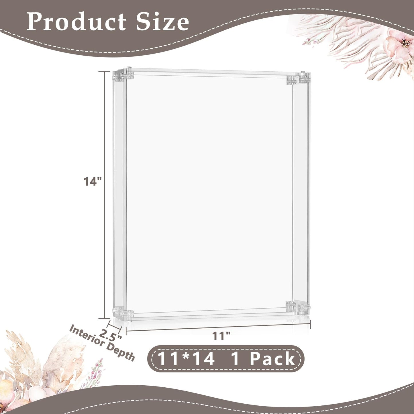 11x14 Acrylic Shadow Box Frame Large 2.5" Deep Shadow Box Display Case Clear Shadowbox Memory Box for Wedding Bouquet,Memorabilia,Dried Flowers,Wall Mount & Tabletop, Easy Assembly, 1 Pack