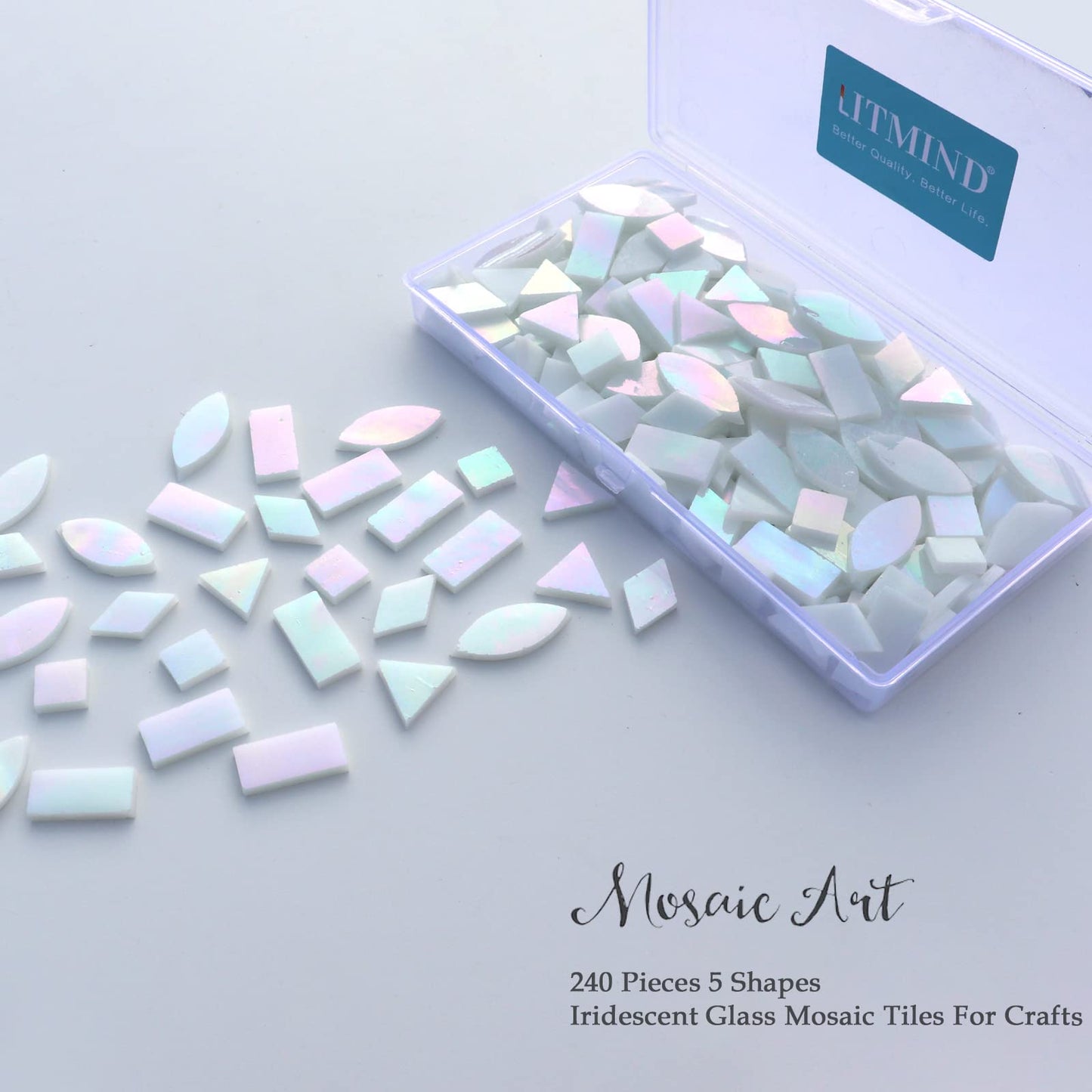 LITMIND Iridescent Glass Mosaic Tiles for Crafts, 240 Pieces 5 Shapes Mixed Stained Glass Sheets, Mosaic Kits for Adults (Iridescent White)