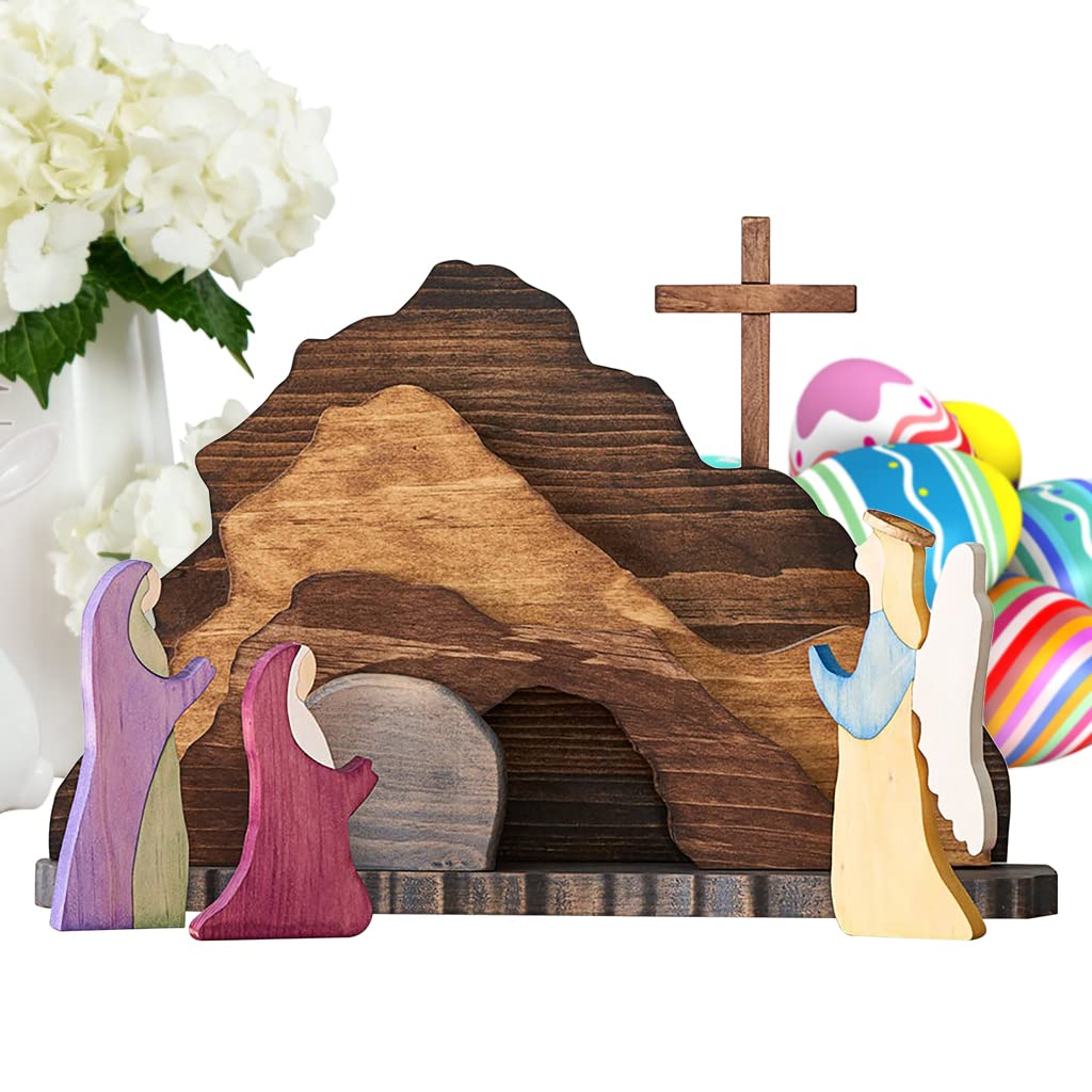 IoF Easter Resurrection Scene Ornament, Wooden Religious He is Risen Easter Decorations, Wood Christian Empty Tomb Figurines, Jesus Nativity Home Decor Set Gifts for Kids for Easter, Christmas, Office