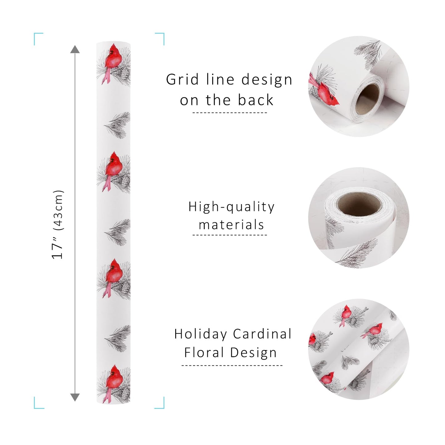 Cardinal Christmas Wrapping Paper Roll, Elegant Red Bird Holiday Gift Wrap with Pine Branches, Nature Xmas Paper for Winter Party, Presents, Family, Friends – 17 inch x 33 feet