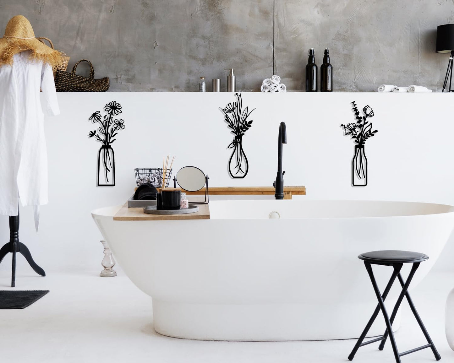 3 Pieces Metal Flowers Wall Arts - Rustic Farmhouse Decor Black Minimalist Flower Wall Decors for Living room Bathroom Bedroom Dining Room - Housewarming Gifts(Black, Vase-C)