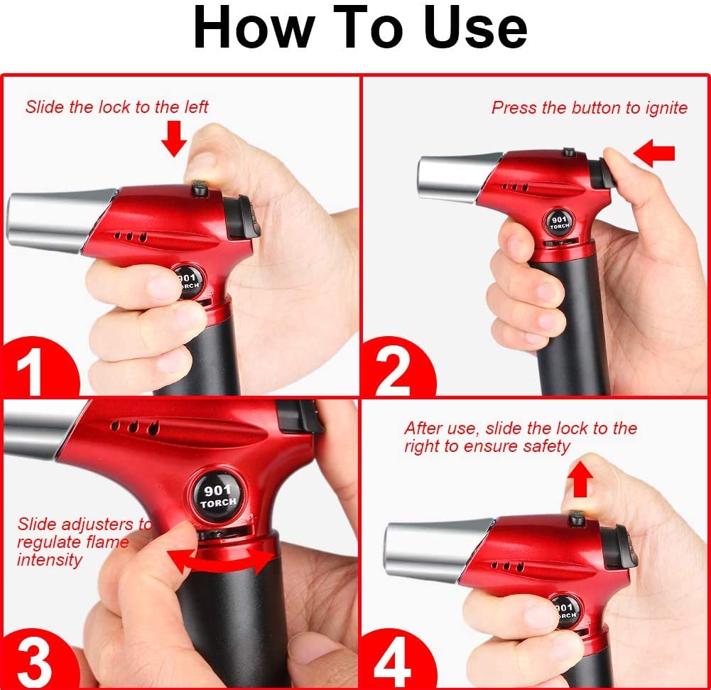 Blow Torch, Professional Kitchen Cooking Torch with Lock Adjustable Flame Refillable Mini Blow Torch Lighter for BBQ, Baking, Brulee Creme, Crafts and Soldering(Butane Gas Excluded)