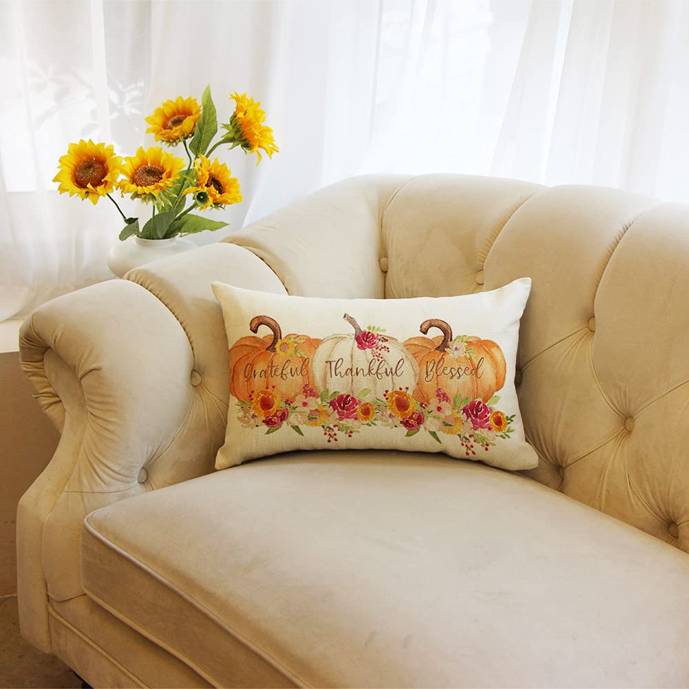 Ogiselestyle Pumpkin Lumbar Throw Pillow Cover 12 x 20 Inch Autumn Thanksgiving Farmhouse Harvest Cushion Case Decoration for Sofa Couch