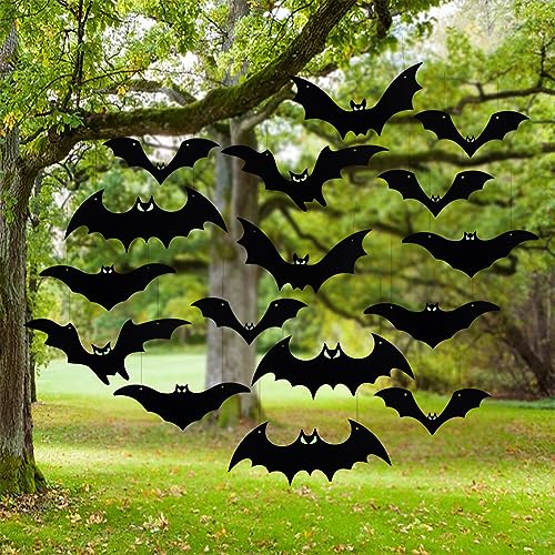 Hanging Bats Halloween Decorations Outdoor - 20 Pack Large Flying Bats 5 Different Size, Waterproof Plastic Black Bats with Glowing Eyes Hanging in Tree Outside Décor for Porch, Lawn