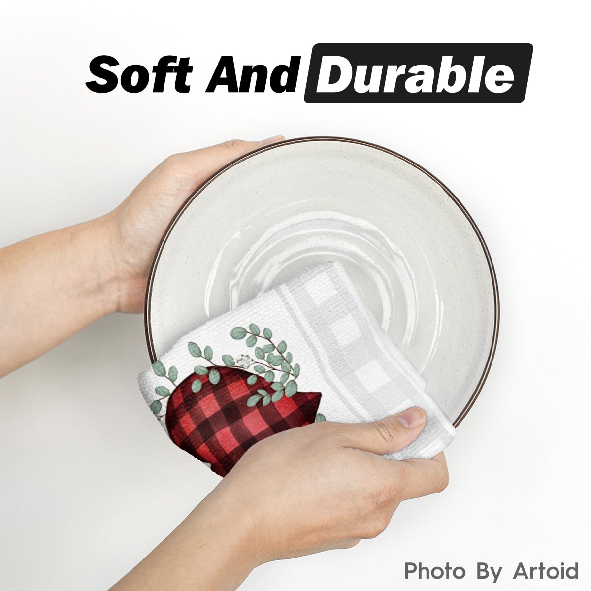 Artoid Mode Red Buffalo Plaid Heart Love Valentine's Day Kitchen Towels Dish Towels, 18x26 Inch Anniversary Wedding Decoration Hand Towels Set of 2