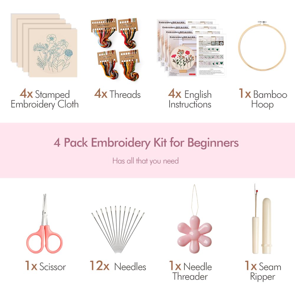 Embroidery Kit, 4 Sets Embroidery Kit for Beginners with Stamped Flower Pattern, Cross Stitch Starter Kits for Adults Hand Craft Lover with Embroidery Hoop, Instructions and Threads