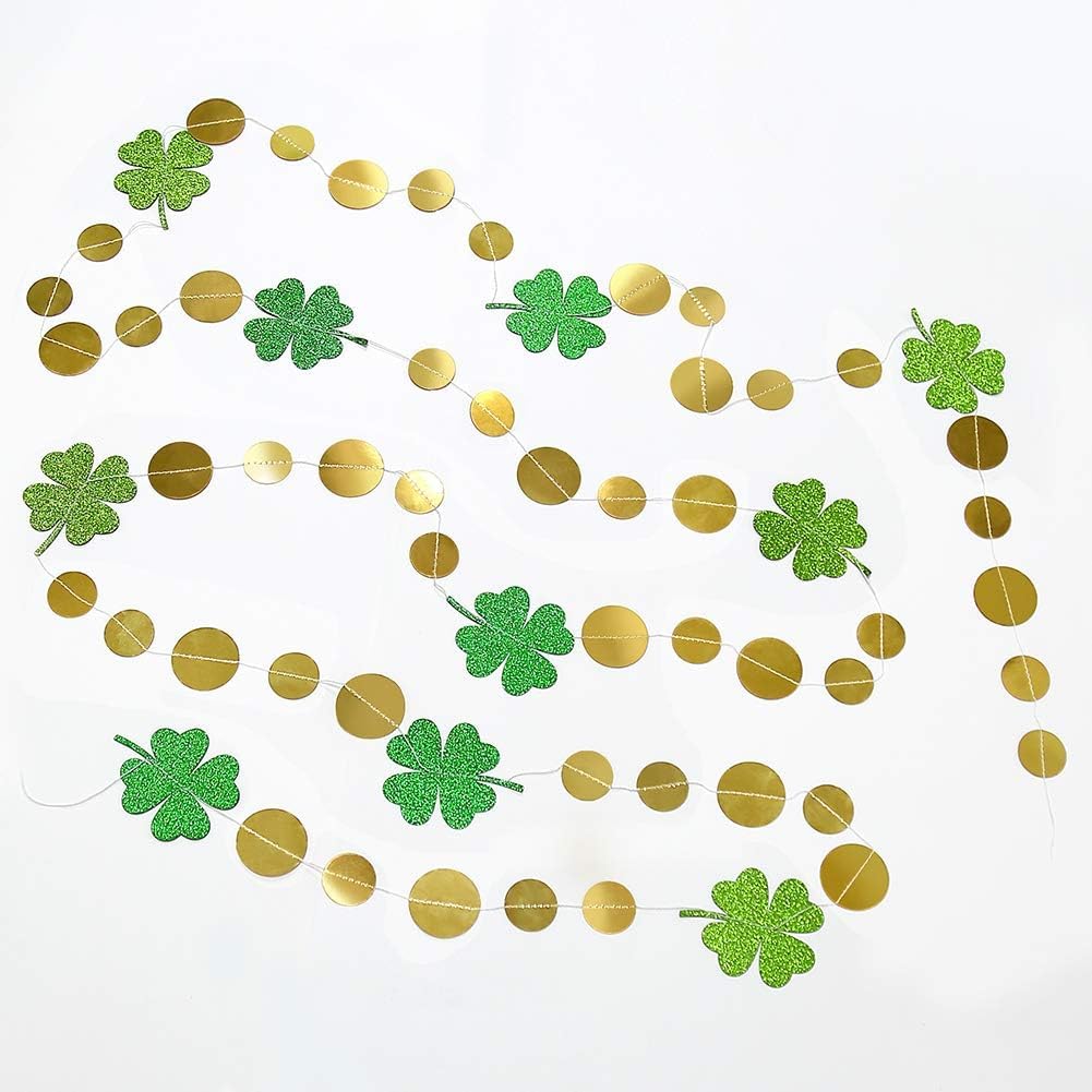 Cheerland Green Shamrock Garland St Patricks Day Decorations - 4 Leaf Clover Glitter St Paddy's Day Garland Hanging Streamers for St. Patrick's Day Irish Party Supplies and Spring Decor - 52Ft
