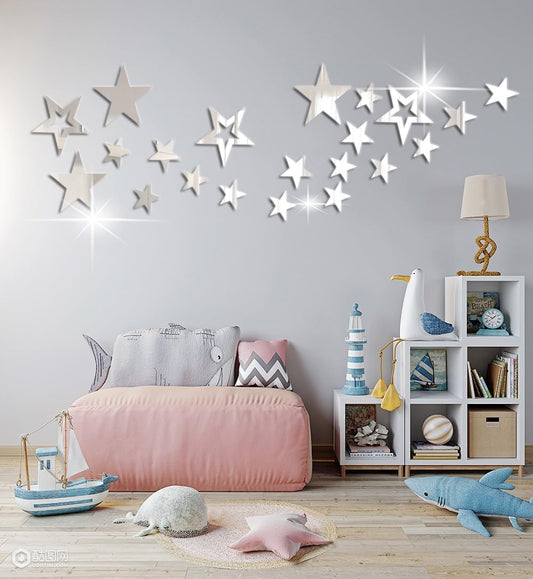 26pcs Stars Acrylic Mirror Wall Stickers 4Sizes Stars Stickers with Adhesive Art Decal 3D Wall Decorations for Baby Kids Bedroom Home DIY Decor (Silver Stars)