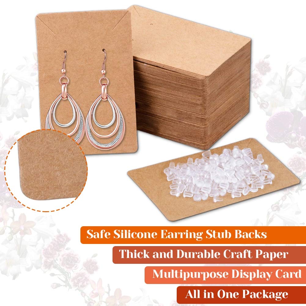 Anezus 100 Pcs Earring Display Cards with 200 Earring Backs and 100 Self-Sealing Bags for Earrings, Necklace & Jewelry Display, Kraft Color 3.5x2.4 Inches