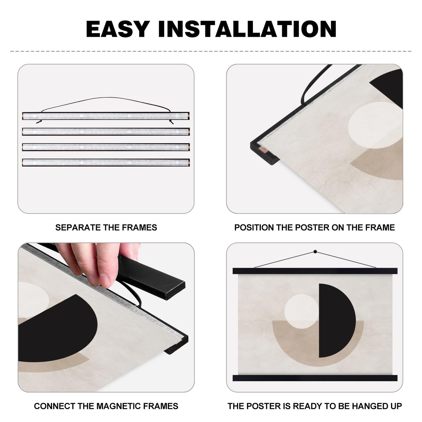 4 Pack 8x10 8x12 8x18 Poster Frame, Magnetic Light Wood Frame Hanger for Photo Picutre Canvas Artwork Art Print Wall Hanging (4 Packs, 8", Black)