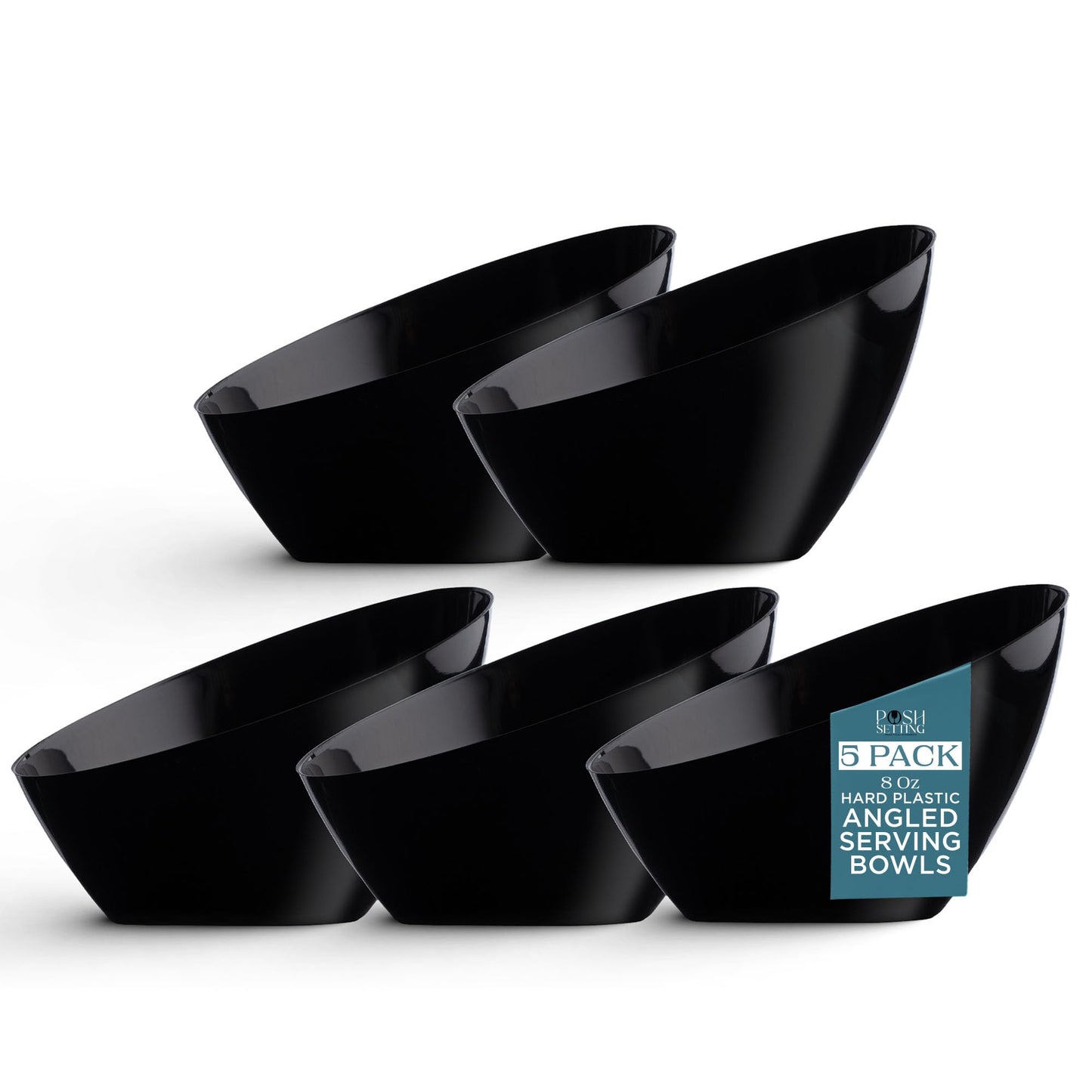 Posh Setting Black Plastic Serving Bowls Disposable - Angled Bowls - Angled Candy Bowl - Plastic Snacks & Chip Bowls for Parties - Black, Gold & Clear, White Serving Dishes, 8 OZ, 5 Pack