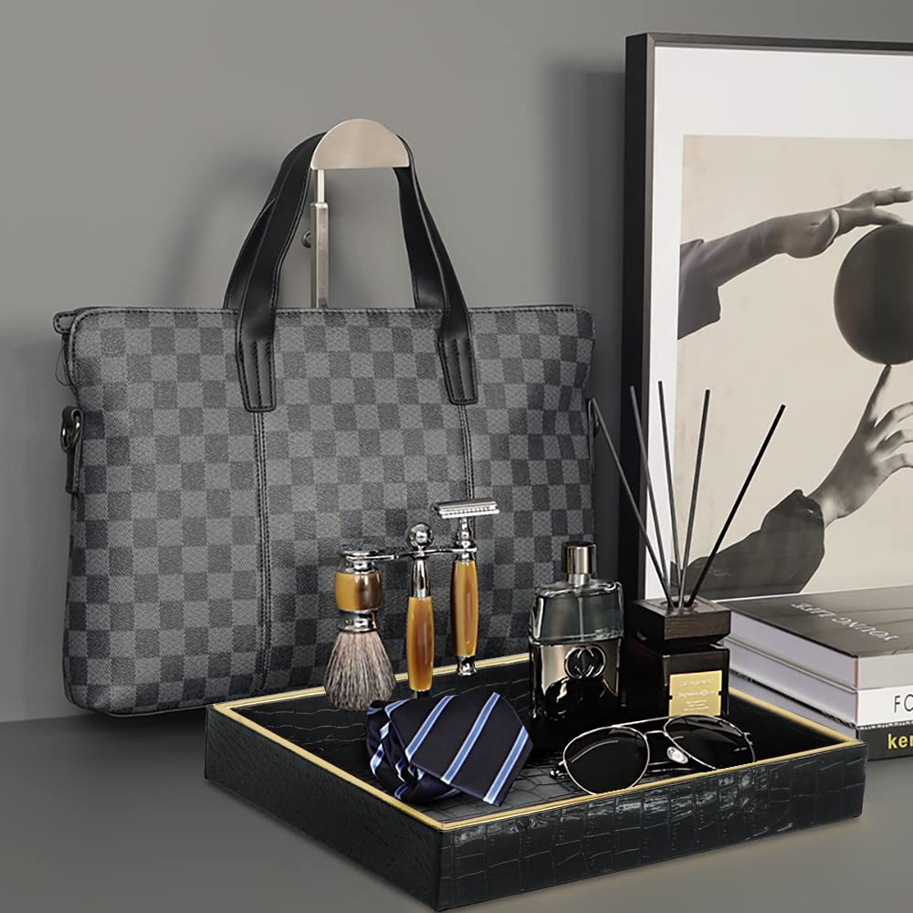 HofferRuffer Faux Leather Vanity Tray, Elegant Desktop Storage Organizer, Decorative Catchall Perfume Tray, Bathroom Valet Tray, Nightstand or Dresser Organizer (Black Croco)