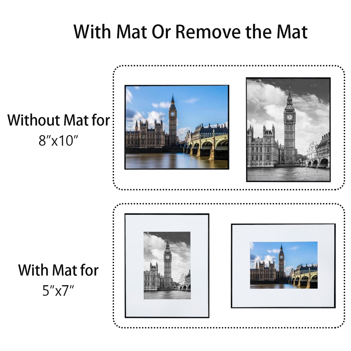 GOmaize Front Loading Black Picture Frame Set of 5,Display pictures 5x7 with mat or 8x10 without mat,Wall and Table Mounting