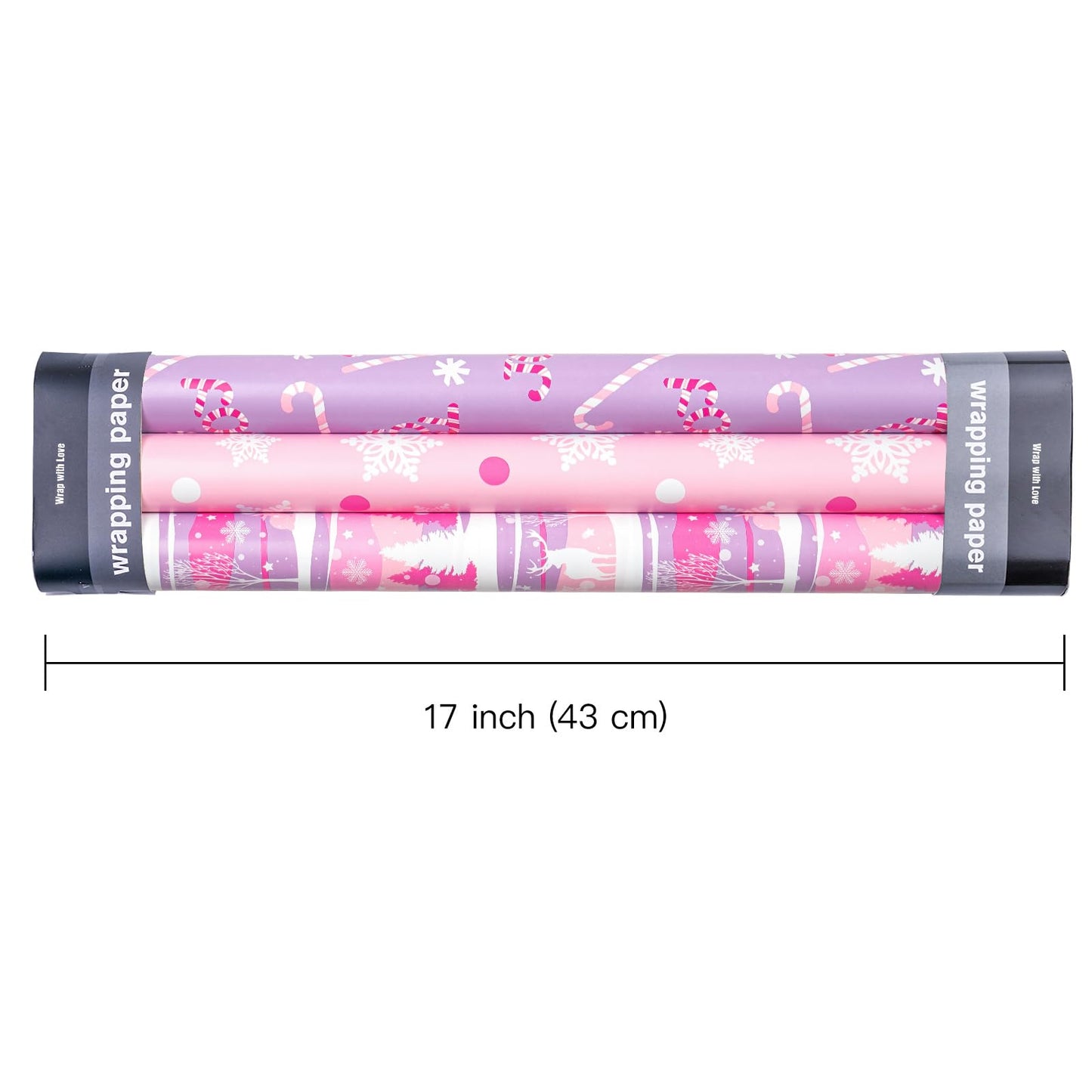 Christmas Wrapping Paper Roll - Mini Roll - 3 Rolls - 17 Inch X 120 Inch Per Roll - Pastel Pink and Purple Reindeer, Candy Cane with JOY, Snowflake Holiday Collection