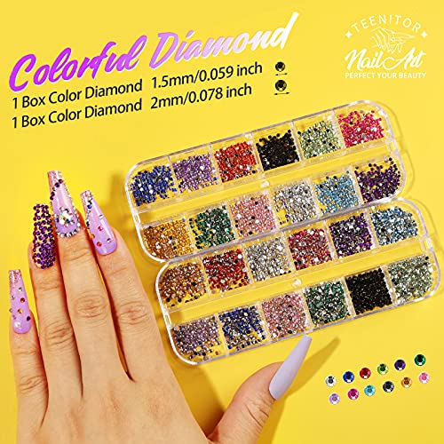 Teenitor Rhinestones for Nails, 5 Boxes Nail Art Rhinestones 36 Boxes Nail Flakes, Nail Gems Stone Nail Design Kit, Nail Rhinestones for Nail Art Nail Accessories