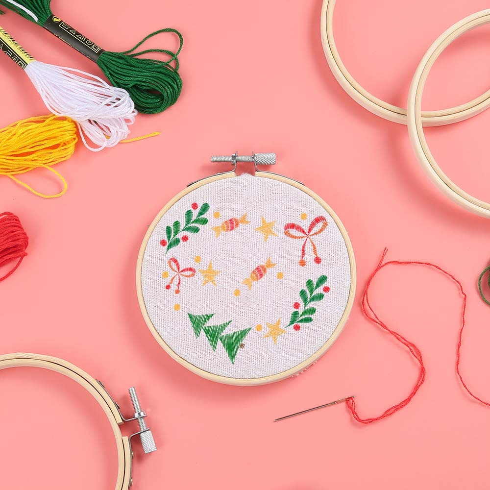 Caydo 20 Pieces 3 Inch Embroidery Hoops Christmas Round Wooden Circle Cross Stitch Hoop Round Ring for Art Craft Handy Sewing
