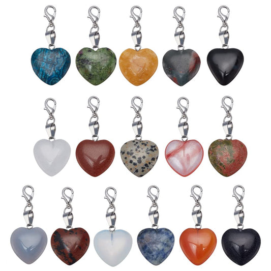 PH PandaHall Heart Stone Charms 16pcs Love Heart Pendants Valentine Charms Quartz Gemstone Chakra Stone Charm Pendants with Lobster Claw Clasps for Valentine Mother Wedding Necklace Jewelry Making