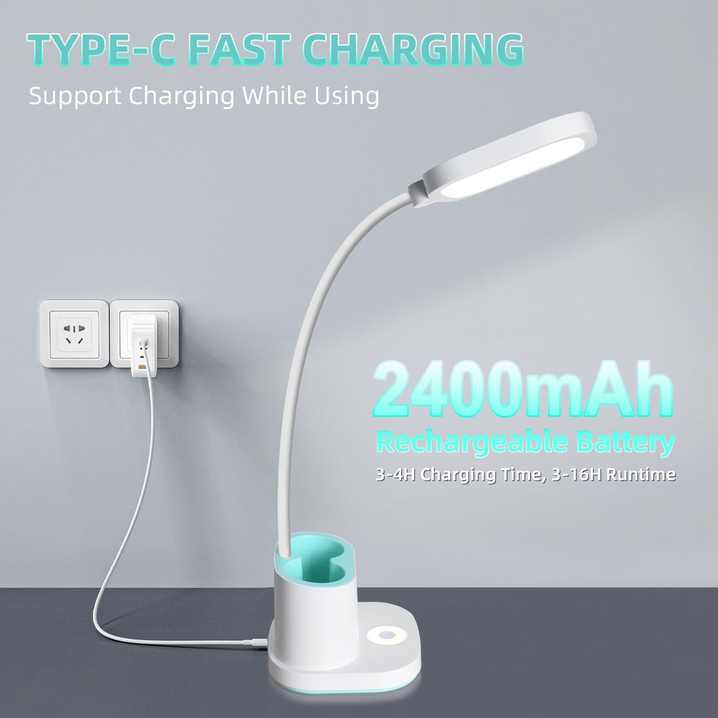 Hacevida LED Small Desk Lamp for Home Office Bedroom, Dimmable Reading Light with USB Charging Port, Eye-Caring, Rechargeable Study Lamp for Kids Student with Pen Holder, Table Lamp 360°Adjustable Arm