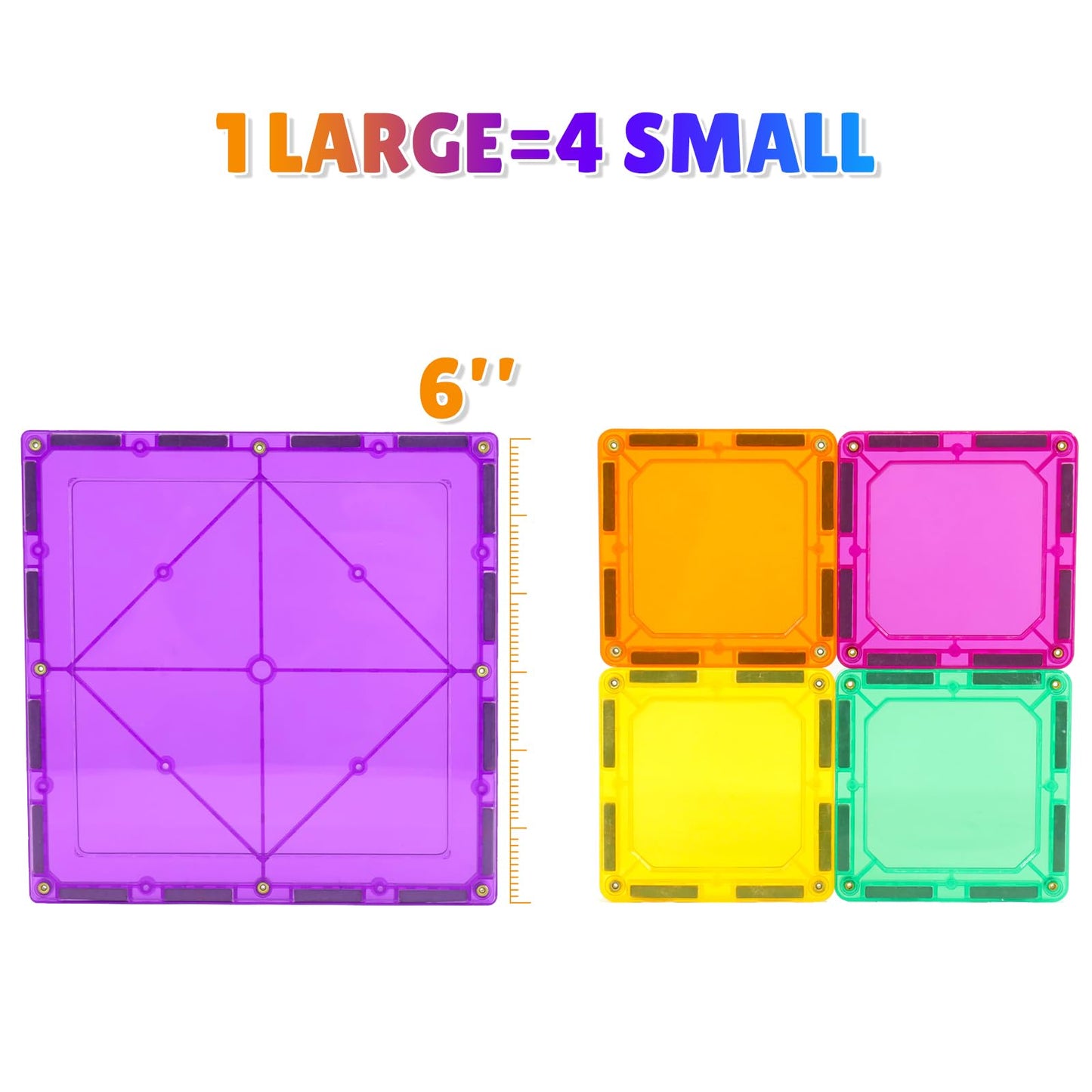 NEOFORMERS 6 Piece Magnetic Tiles Set Large Square Shape Magnet Building Block Construction Toy STEM Learning Kit Educational Playset Playboard (NF-06 Set)