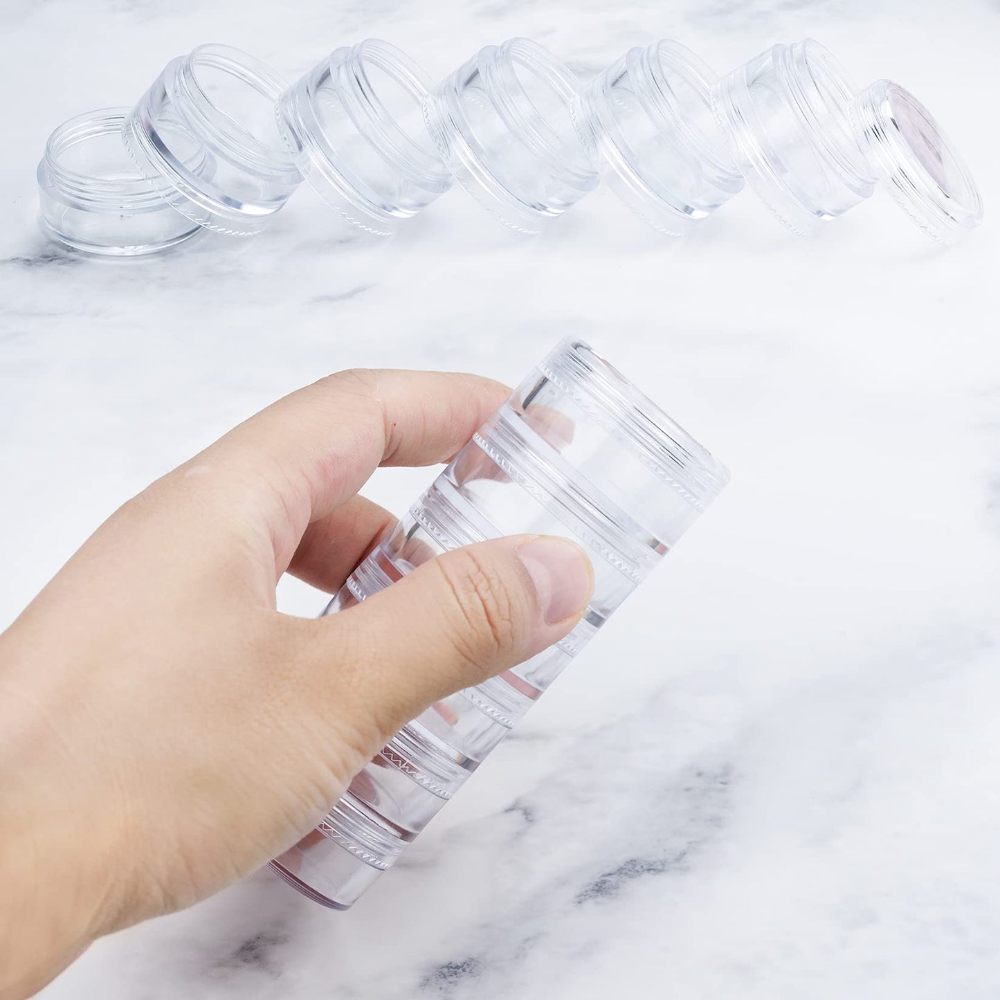 Fengek 6 Sets 6 Layer Stackable Plastic Containers, 10G/10ML Clear Cosmetic Storage Box Round Organizer Jars for Beads, Buttons, Small Jewelry Findings