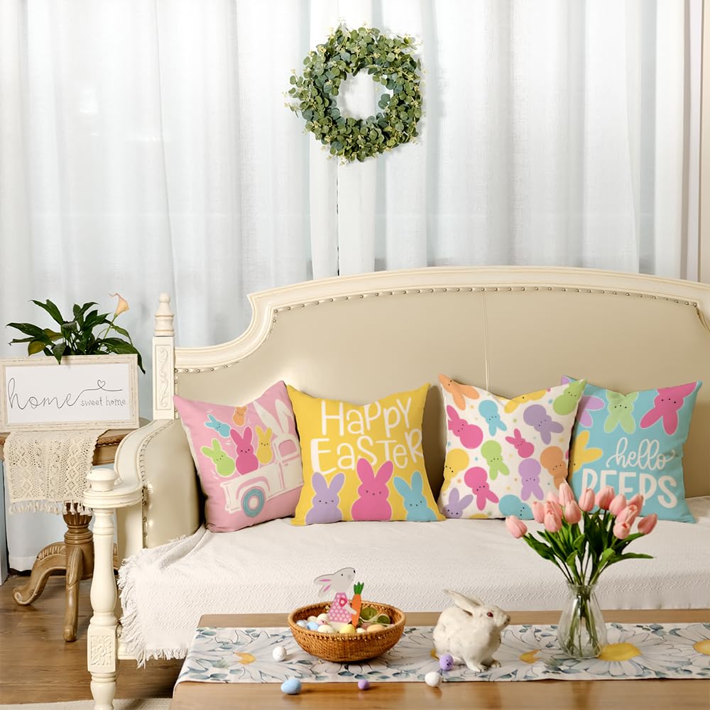 Happy Easter Hello Peeps Throw Pillow Covers 18x18 Inch Set of 4, Rabbit Truck Bunny Spring Decorative Farmhouse Holiday Cushion Case for Home Decoration G683-18