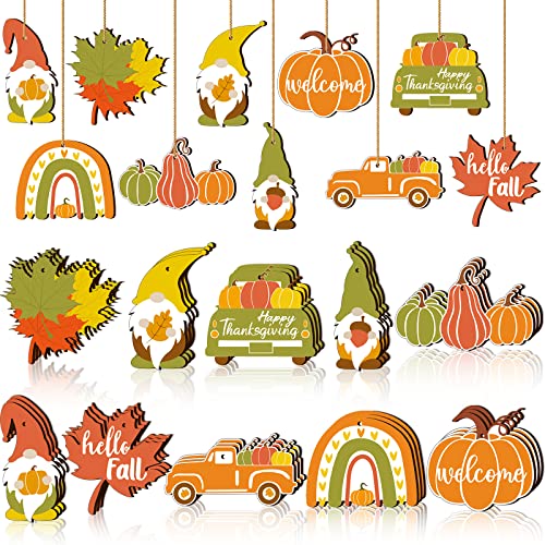 Fall Thanksgiving Wood Ornaments Autumn Pumpkin Gnome Leaf Truck Cutouts Happy Thanksgiving Ornaments Small Welcome Hello Fall Tree Hanging Sign Decorations (Fresh Style, 30 Pcs)