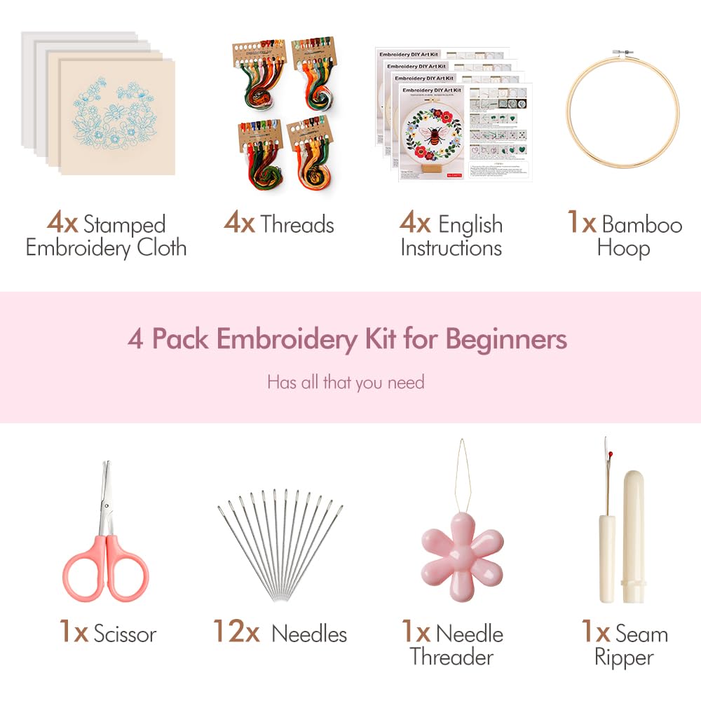 Embroidery Kit for Adults, 4 Sets Cross Stitch Kits for Adults with Stamped Flower Pattern and Easy Instruction, Embroidery Kits with Embroidery Hoop and Color Threads