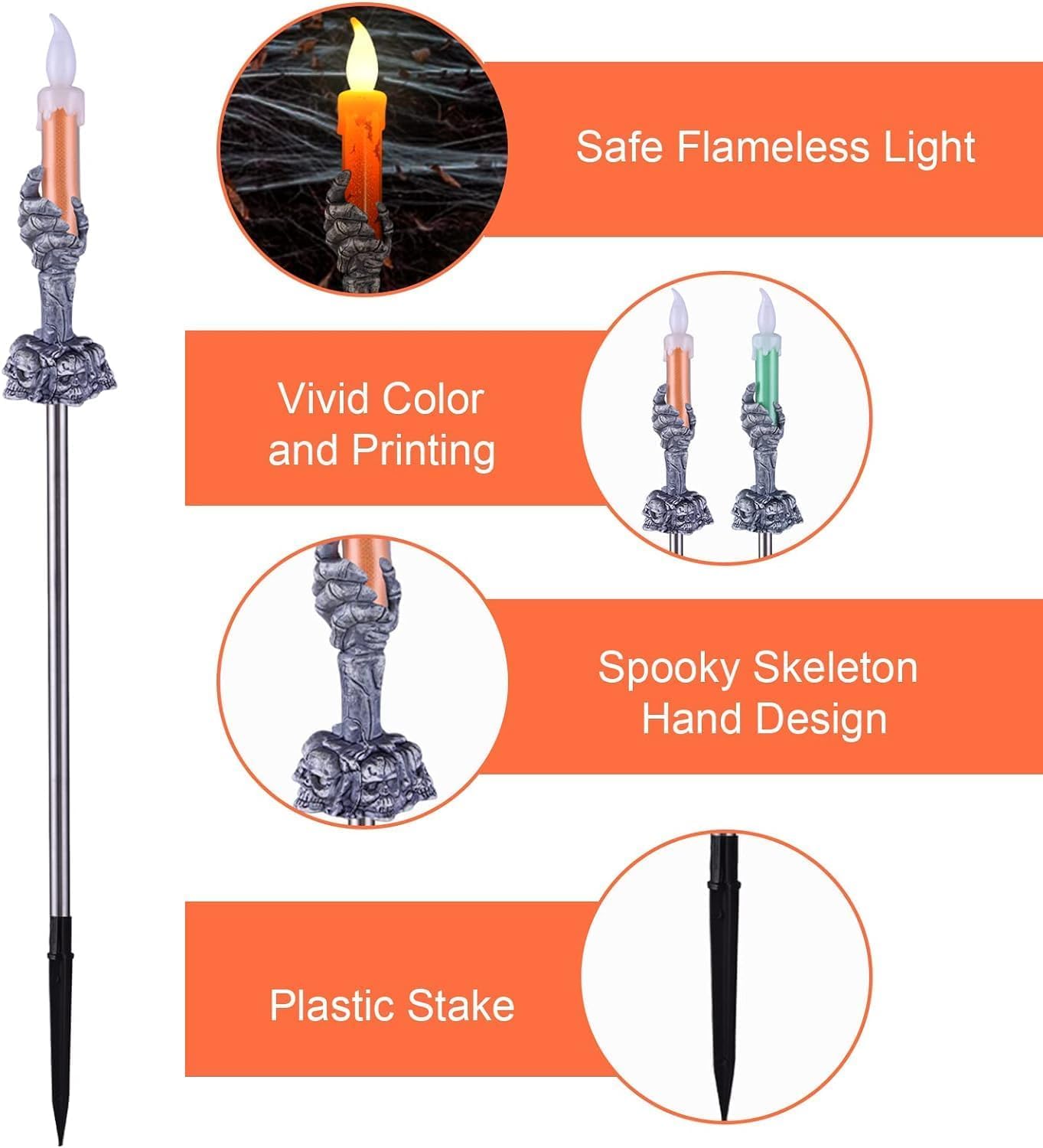 Halloween Decorations Outdoor, 5 Pack Solar Pathway Lights, LED Skull Black Hand Candle Holder, Outdoor Party Home Garden Porch Decor Orange & Green Lights