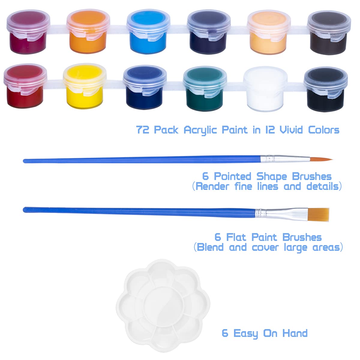 Washable Paint Set for Kids Arts and Crafts, 90PCS Classroom Painting Supplies, 6 Acrylic Paint Sets of 12 Colors, Mixing Palette, Brushes
