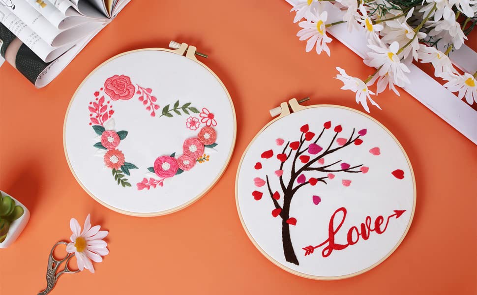 Louise Maelys Love Heart Tree Beginners Embroidery Kits,Cross Stitch Starter Kit for Adults Including Cloth with Lovers Pattern Hoop Needles Instruction and Threads